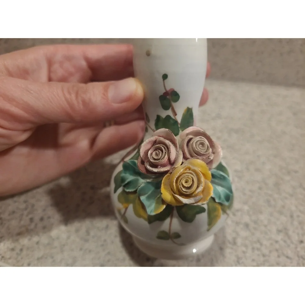 Bud Vase 3D Rose applique Flowers ITALY hand painted Fine Porcelain Antique Rare